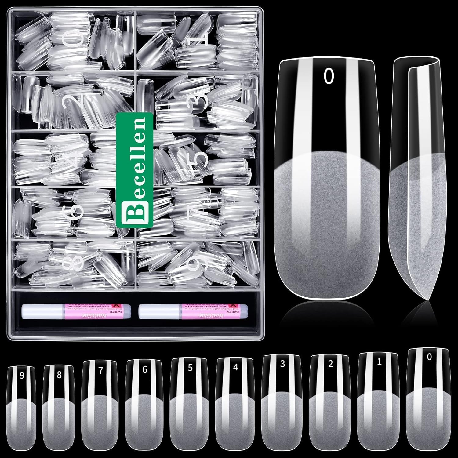 Becellen 500 stuks kunstnageltips, zachte gelnageltips, volledige dekking, gelnageltips, voorgepolijste kunstnagels, doe-het-zelf nagelkunstlijmset (amandelen)