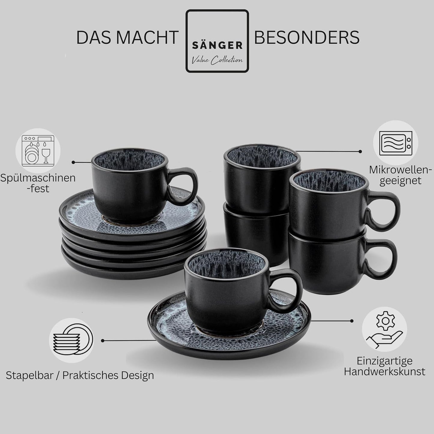 ZANGER Sydney | Keramische espressokopjes set van 12, mokka kopjes set voor 6, kop en schotels, vaatwasmachine- en magnetronbestendig, donkergrijs, 80 ml | DE WAARDE-COLLECTIE