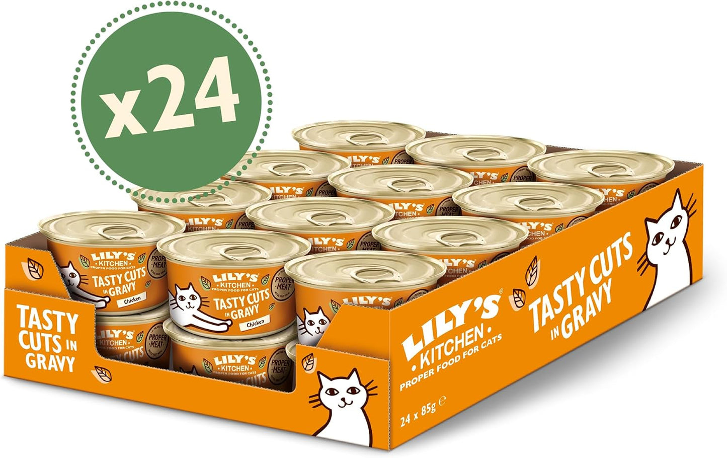 Lily's Kitchen Natuurlijk natvoer voor volwassen katten, ingeblikt, smakelijke stukjes in kippenjus, graanvrij recept (24 bakjes x 85 g)
