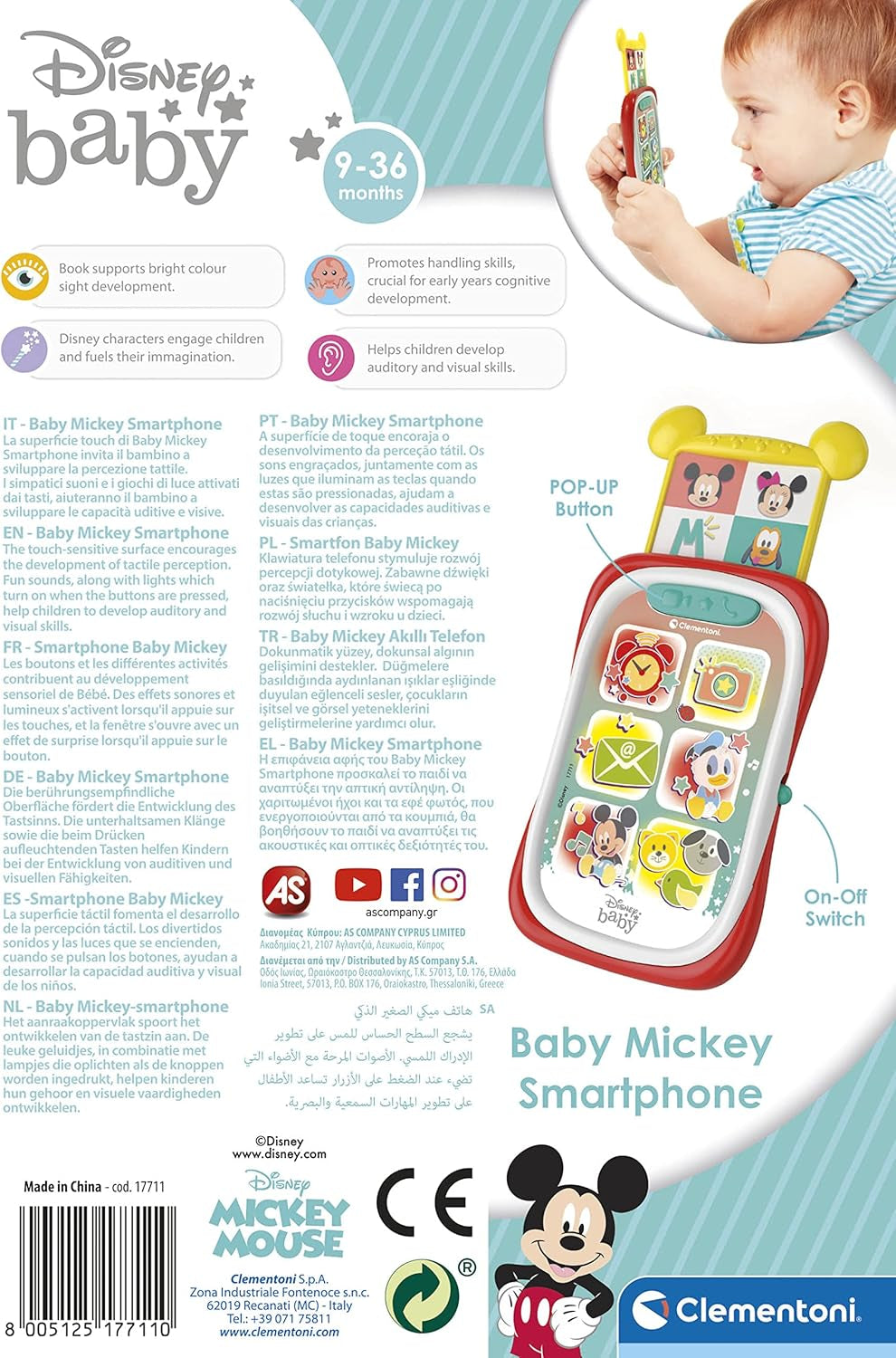 Clementoni 17711 Disney Baby Baby Mickey Smartphone, mobiele telefoon voor kinderen met licht- en geluidseffecten, interactief speelgoed voor kinderen van 9-36 maanden, M, veelkleurig Bebe Toys Naty Shop
