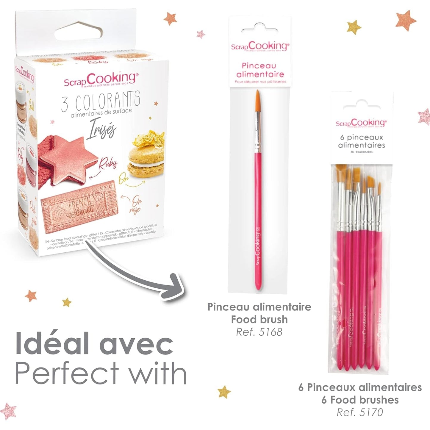Scrapcooking - Set van 3 metalen kleurstoffen - Kleurstof: goud, rosé goud en robijn - Eetbare kleurstof voor bakken, cakes, koekjes, cakes, chocolade - 4019