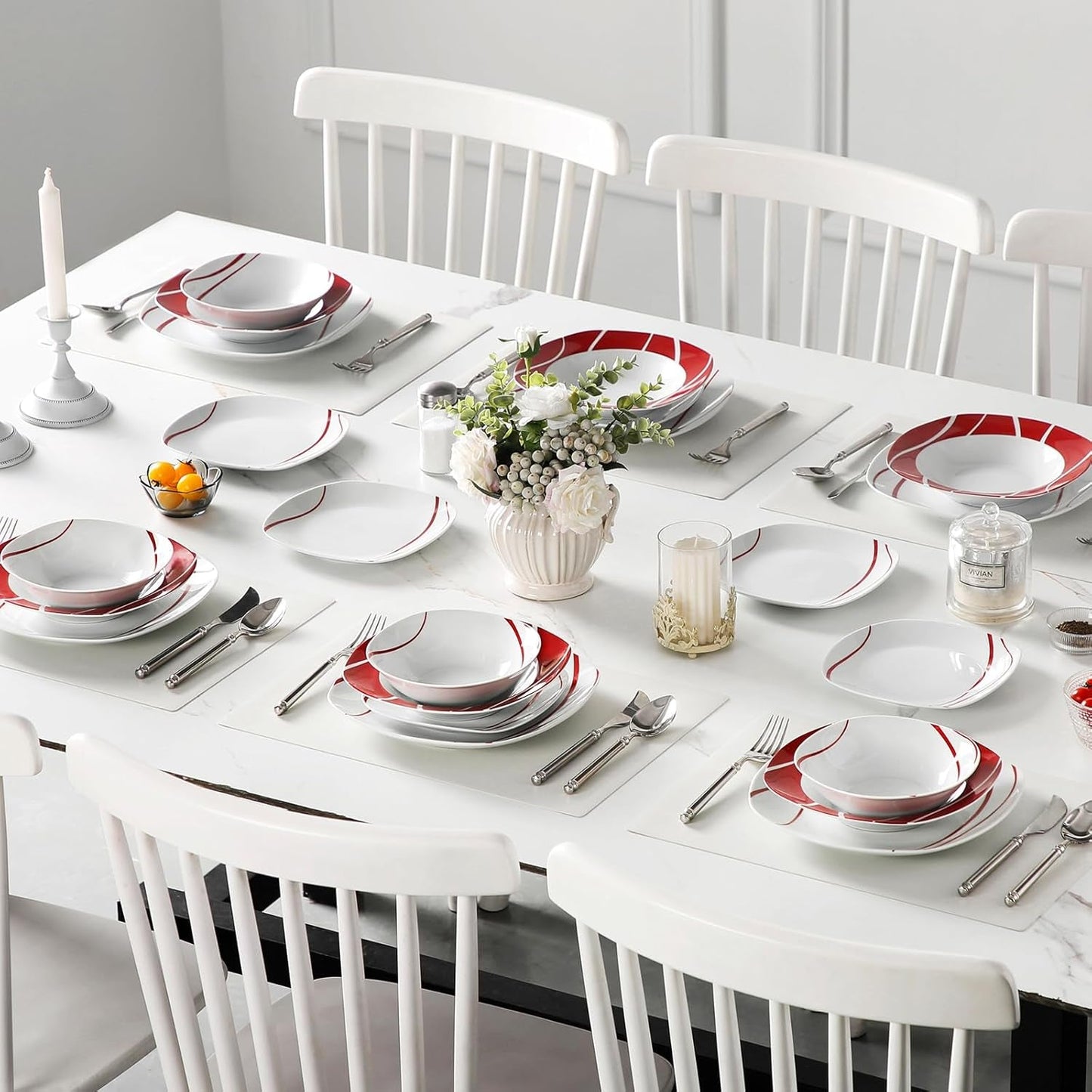 MALACASA Serviesset voor 6 personen, Felisa Porseleinen Serviesset 24-delig, Moderne Serviesset met 6 Dinerborden, Dessertborden, Suma Borden en Kommen, Perfect voor Kerstmis en Dagelijks Gebruik