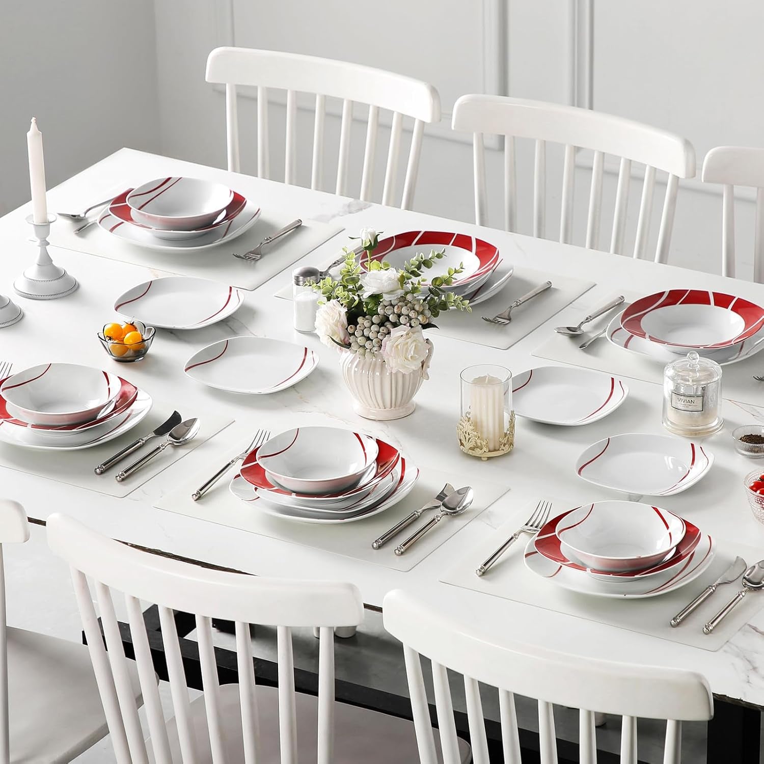 MALACASA Serviesset voor 6 personen, Felisa Porseleinen Serviesset 24-delig, Moderne Serviesset met 6 Dinerborden, Dessertborden, Suma Borden en Kommen, Perfect voor Kerstmis en Dagelijks Gebruik