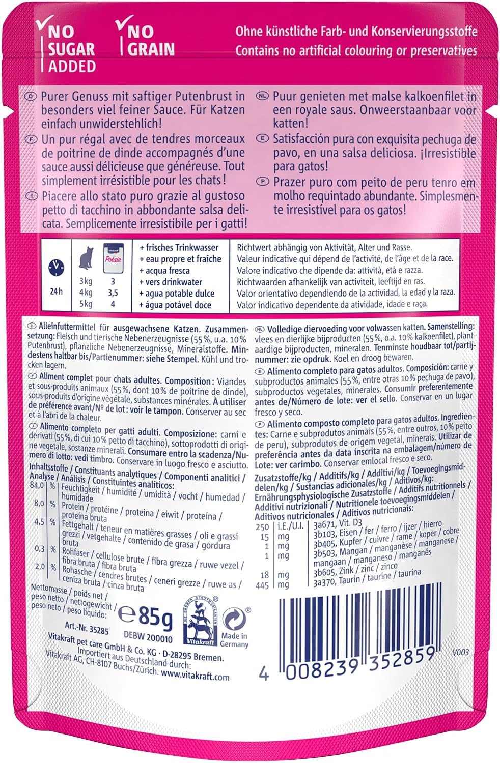 Vitakraft Poésie Délice, nat kattenvoer, kattenvoer in saus, met kalkoen, grootverpakking, zonder toegevoegde suiker of granen (23 x 85 g)