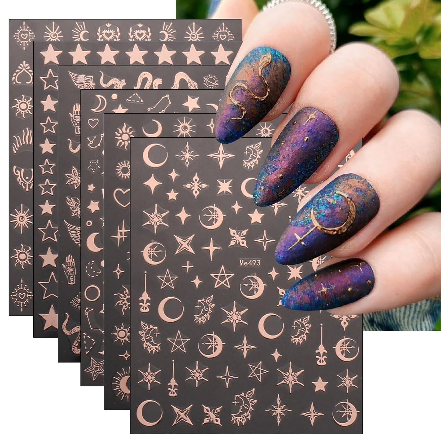 JMEOWIO Nagelsticker Mond Stern 10 Blatt Nail Art Sticker Selbstklebend Nagelaufkleber Roségold Decoratie Nageldesign Zubehör
