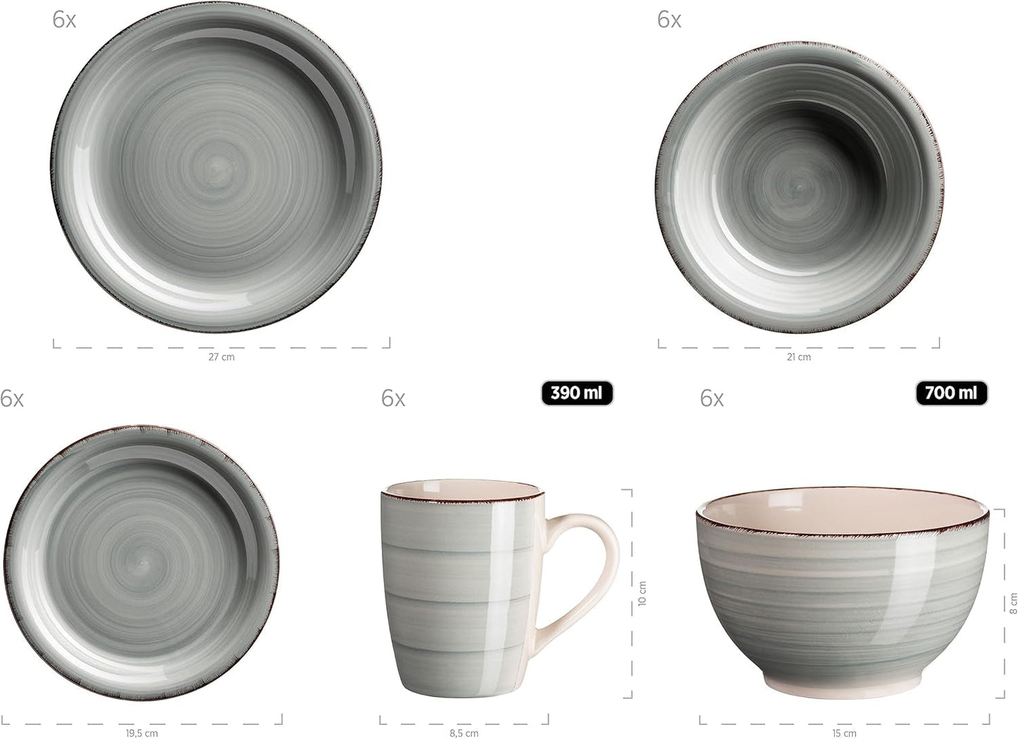 MÄSER 931612 Bel Tempo II vintage serviesset voor 6, 30 stuks, gecombineerd servies in blauw handgeschilderd keramiek, steengoed, rookblauw