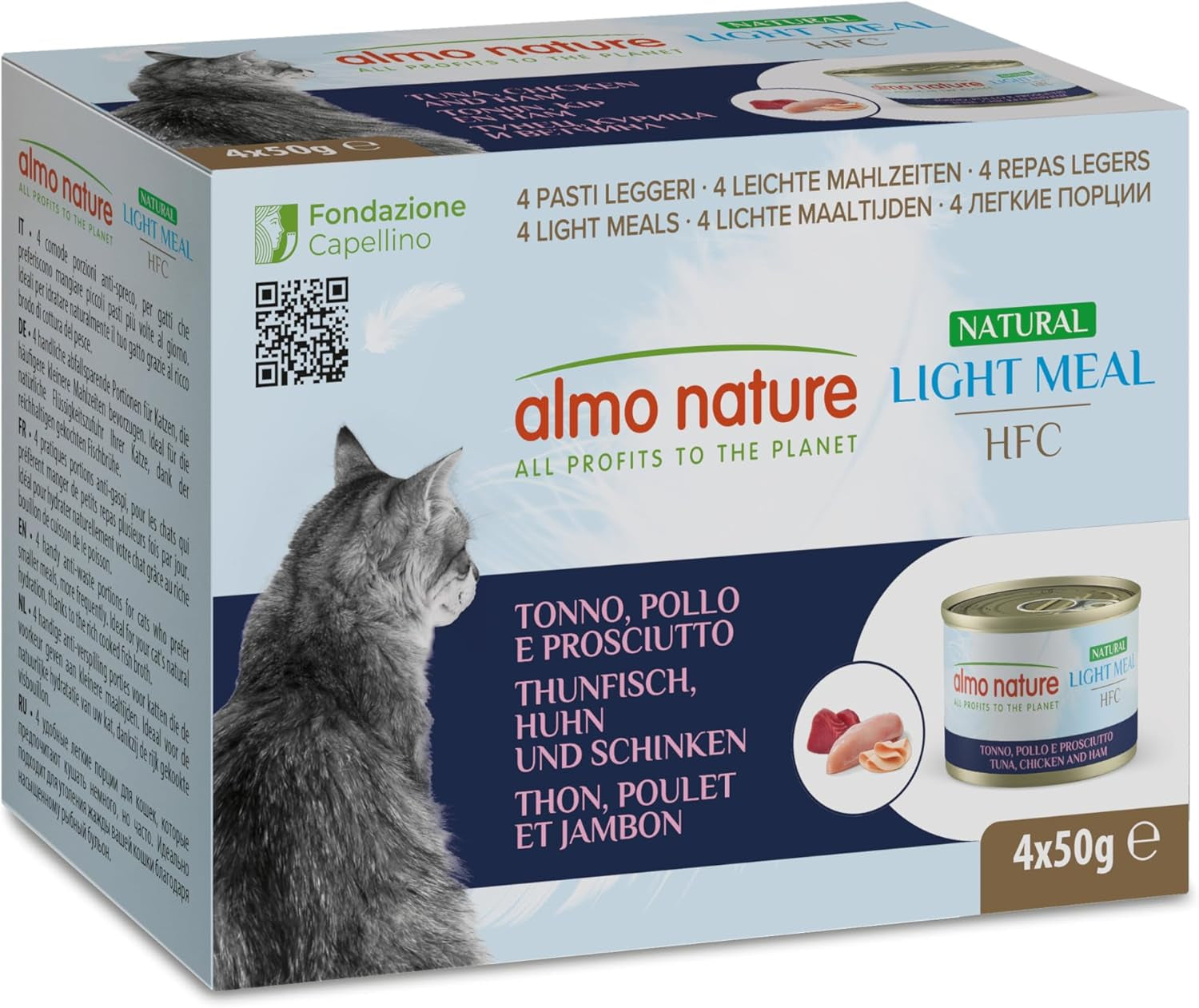 Almo Nature HFC Natuurlijke lichte maaltijd - Nassfutter für Katzen - Thunfisch, Huhn & Schinken - Menselijke kwaliteit, glutenvrij - 50 g, 4er-pakket