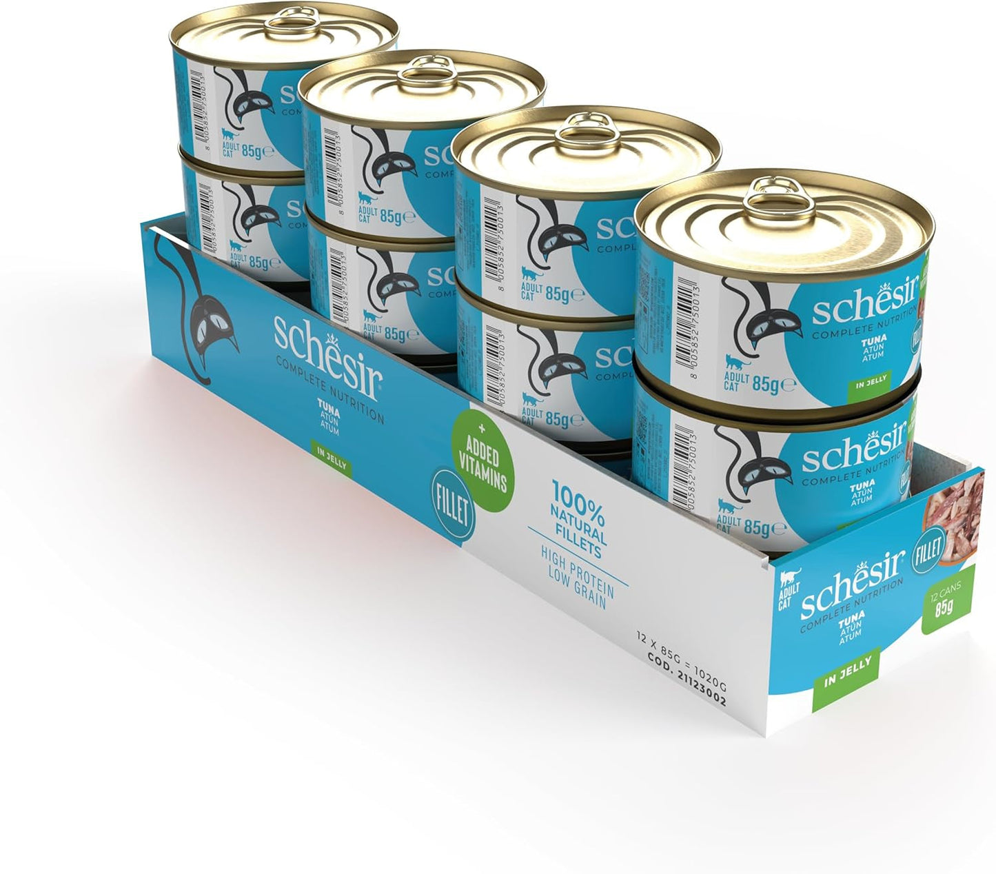 Tonijn in gelei, nat kattenvoer, blik, 100% natuurlijk, met toegevoegde vitamines, 12 x 85 g