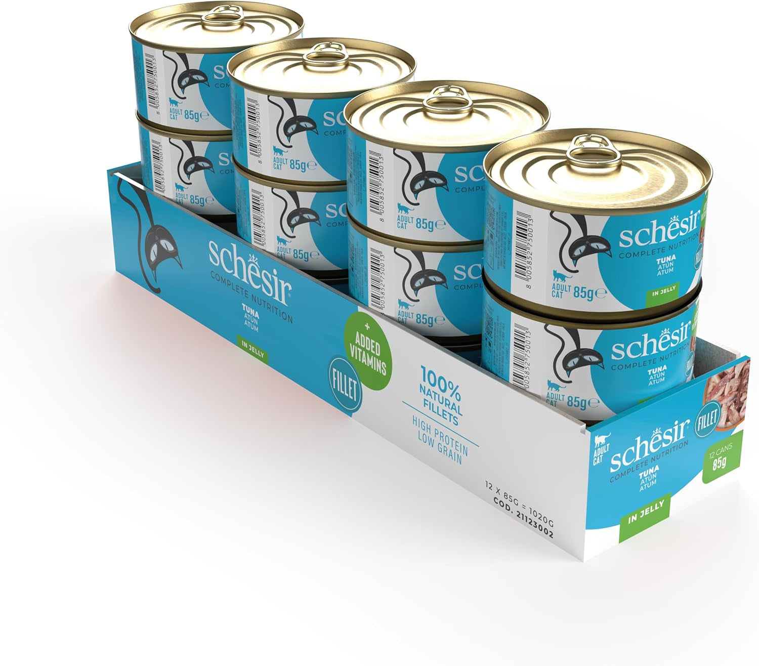 Tonijn in gelei, nat kattenvoer, blik, 100% natuurlijk, met toegevoegde vitamines, 12 x 85 g
