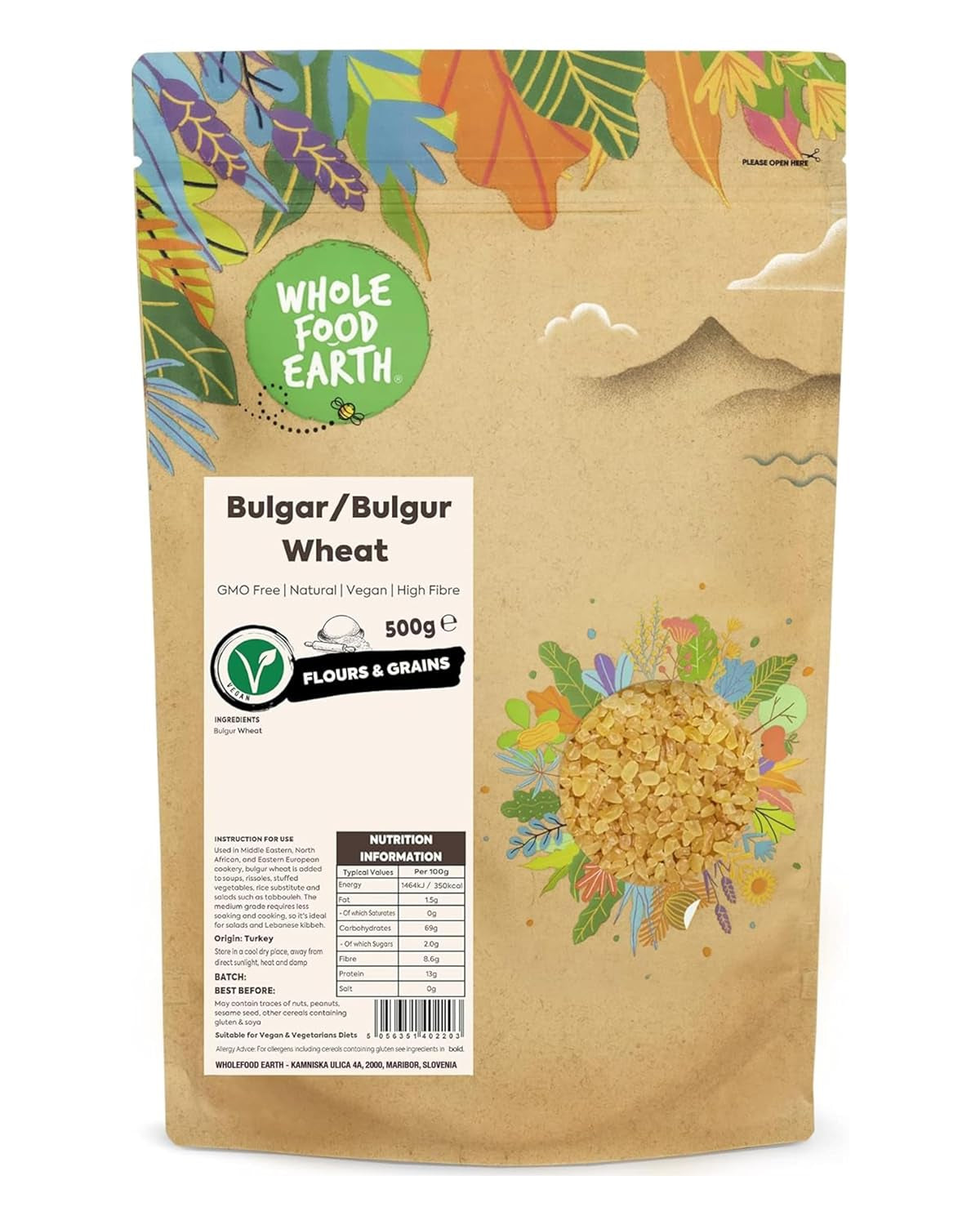 Wholefood Earth Tarwe Bulgur - non-GMO - natuurlijk - veganistisch - zuivelvrij - geen toegevoegde suikers, 500g
