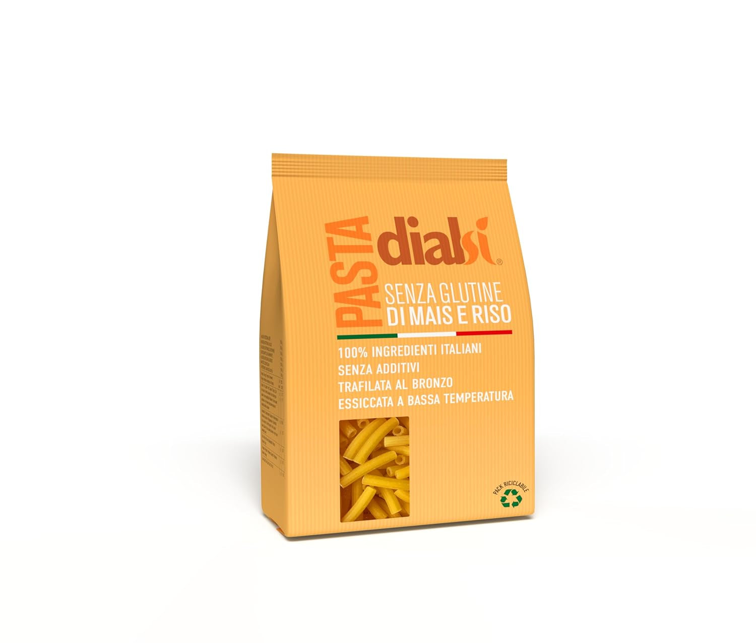 Dialsi stervormige pasta, glutenvrije maïs- en rijstpasta, brons gebakken, 100% Italiaanse ingrediënten, geen toevoegingen, kookt in 8-9 minuten, verpakking van 300 g