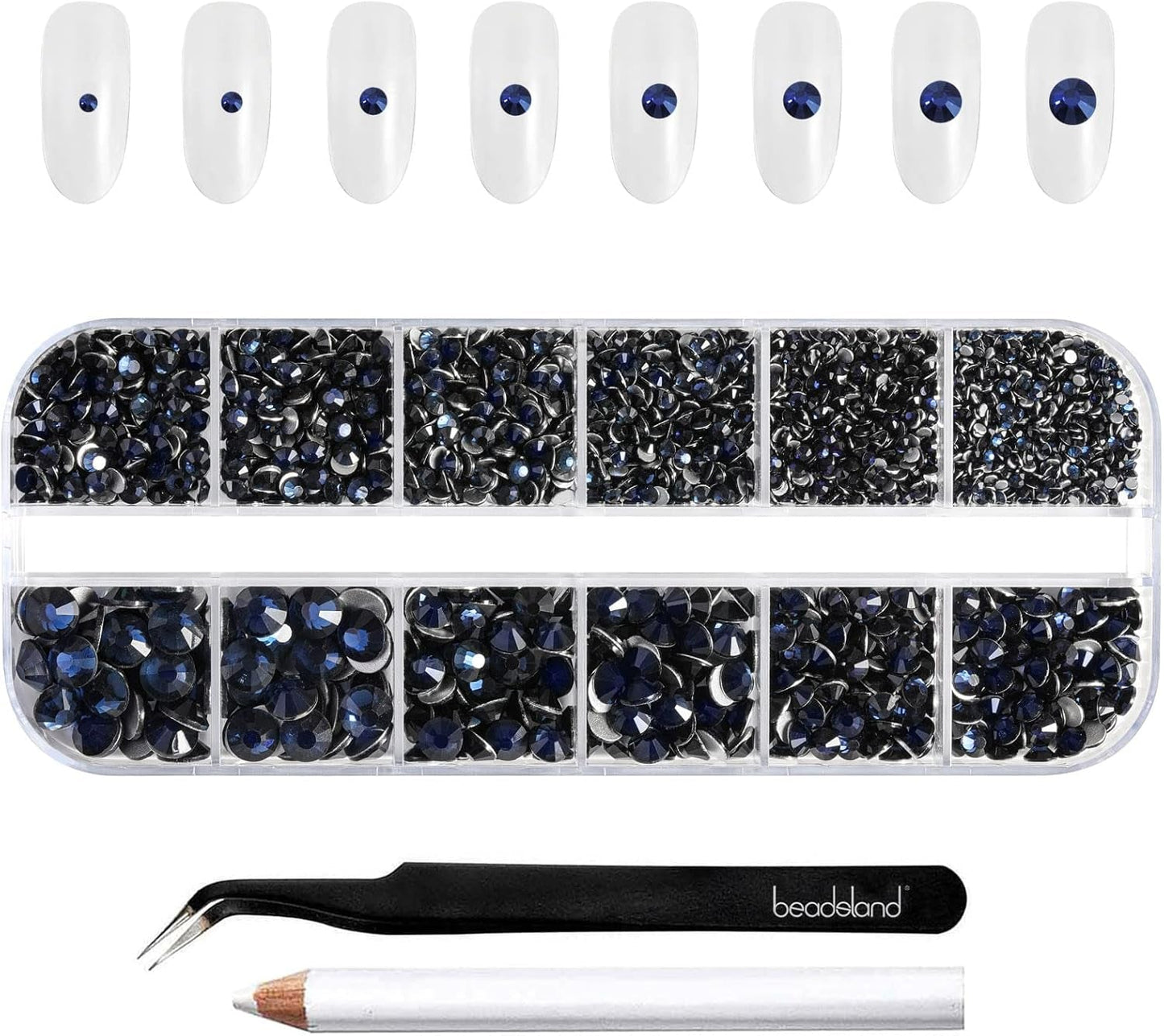 Beadsland 2500 stuks glas Nailart Strasssteine ​​Kristall Flatback Edelsteine ​​Runde, voor handwerk Gemischt 8 Größen SS4 ~ SS30 Mit Picking Pinzette en Stift (Kristall Weiss)