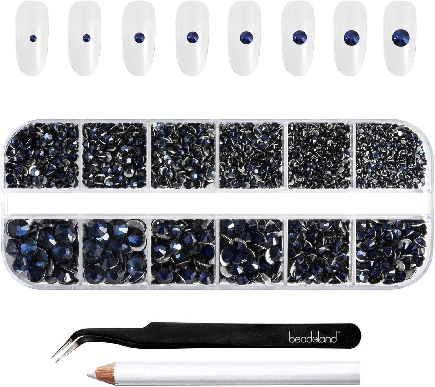 Beadsland 2500 stuks glas Nailart Strasssteine ​​Kristall Flatback Edelsteine ​​Runde, voor handwerk Gemischt 8 Größen SS4 ~ SS30 Mit Picking Pinzette en Stift (Kristall Weiss)