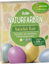 Heitmann eierverf natuurlijke kleurstofset, 3 eierverfpoeders (geel, paars, grijsblauw), stickervel van graspapier