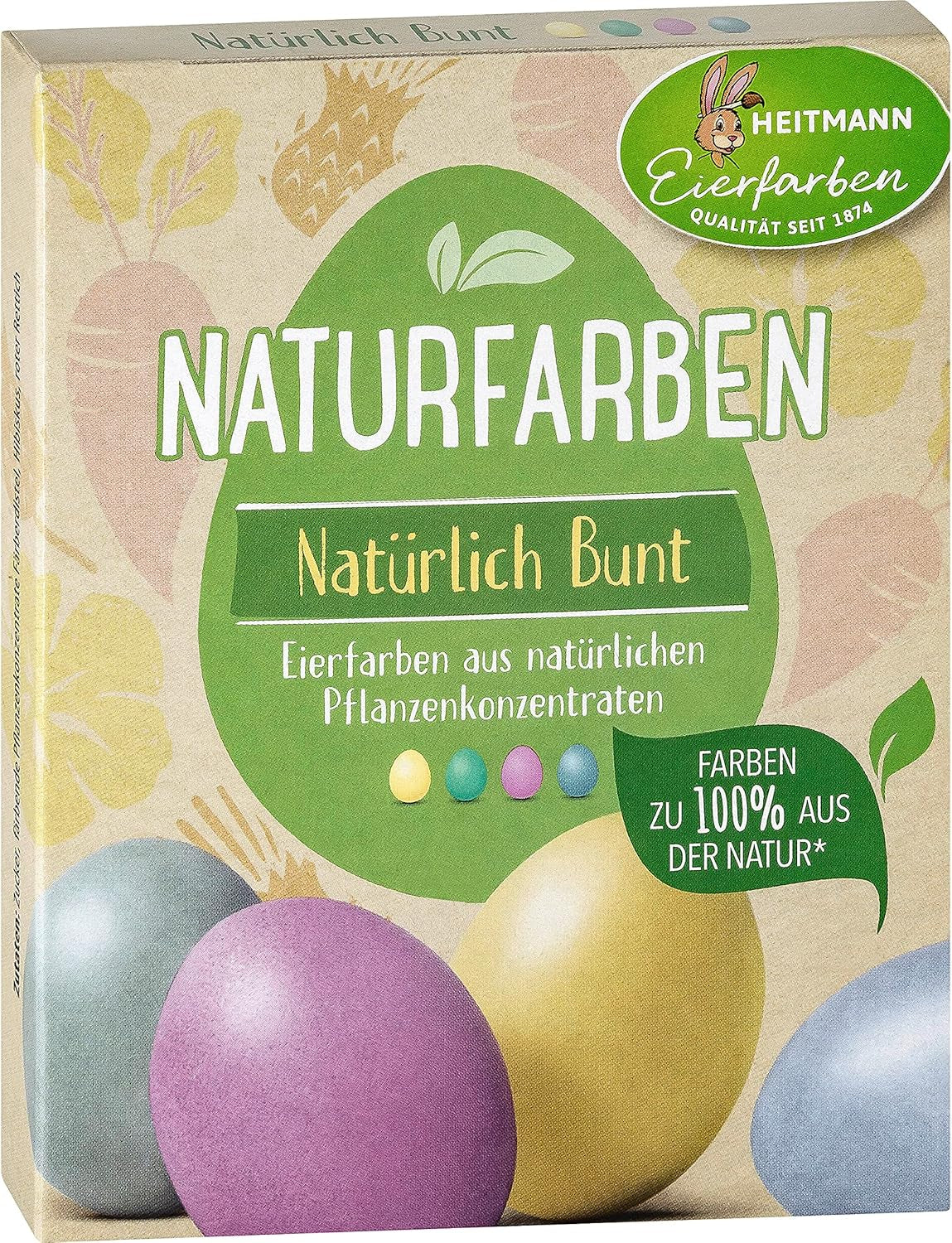 Heitmann eierverf natuurlijke kleurstofset, 3 eierverfpoeders (geel, paars, grijsblauw), stickervel van graspapier