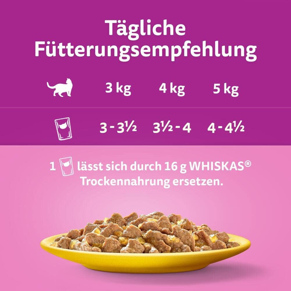Whiskas 1+ natvoer voor katten met kip in gelei, 28x85g (1 pakje) - Hoogwaardig natvoer voor volwassen katten in 28 zakjes