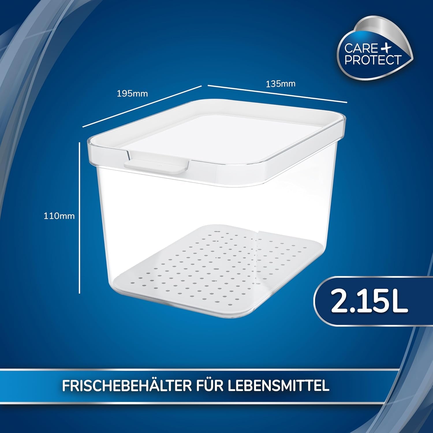 CARE + PROTECT Slimme voedselcontainer, perfect stapelbaar, koelkastorganizer, beschermt voedsel tegen vocht, houdt voedsel langer vers, 2,15 l Voedselbewaardozen Naty Shop