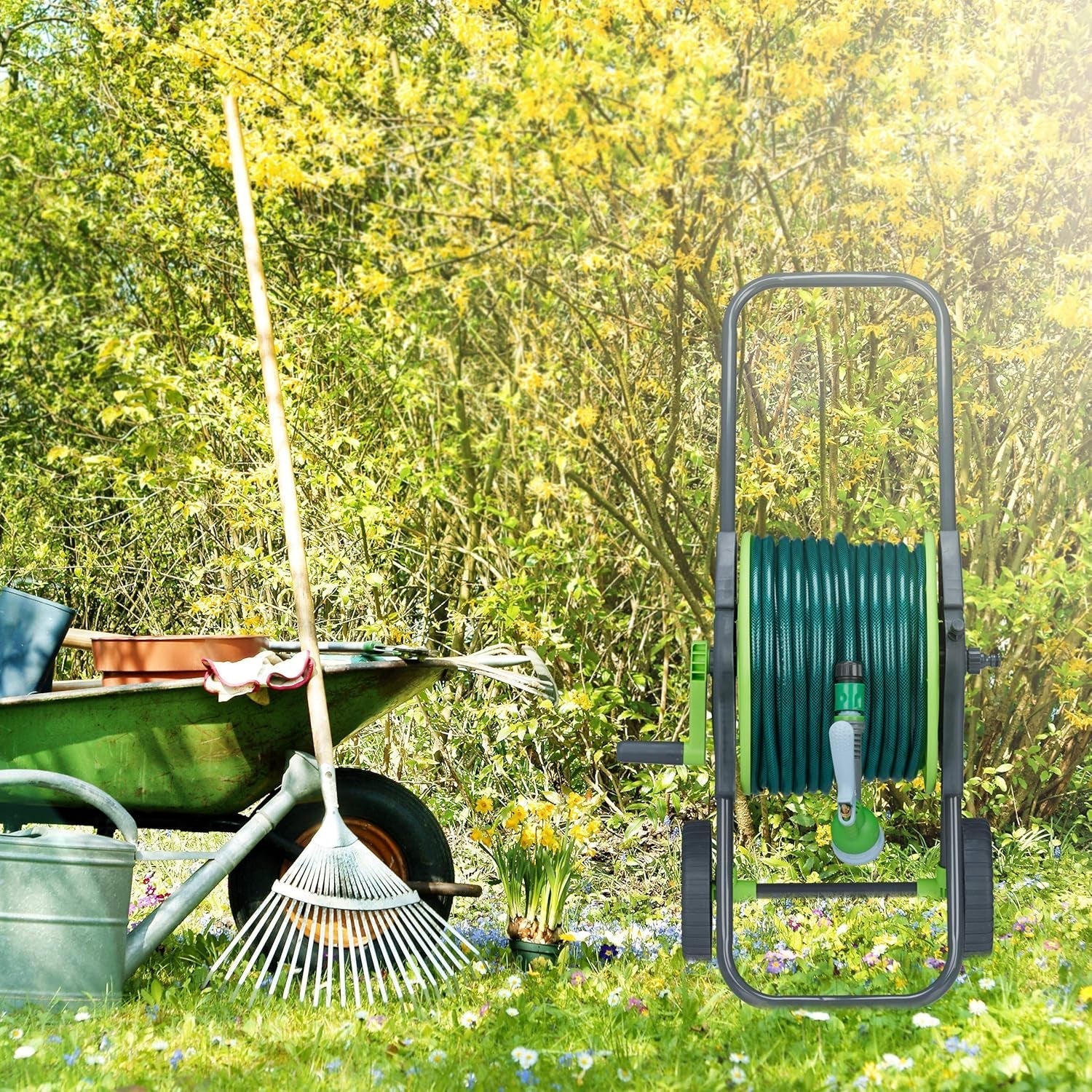 Relaxdays Slangenwagen 45m 1/2" Waterslanghaspel Tuin 82,5 x 43 x 34 cm Grijs-Groen