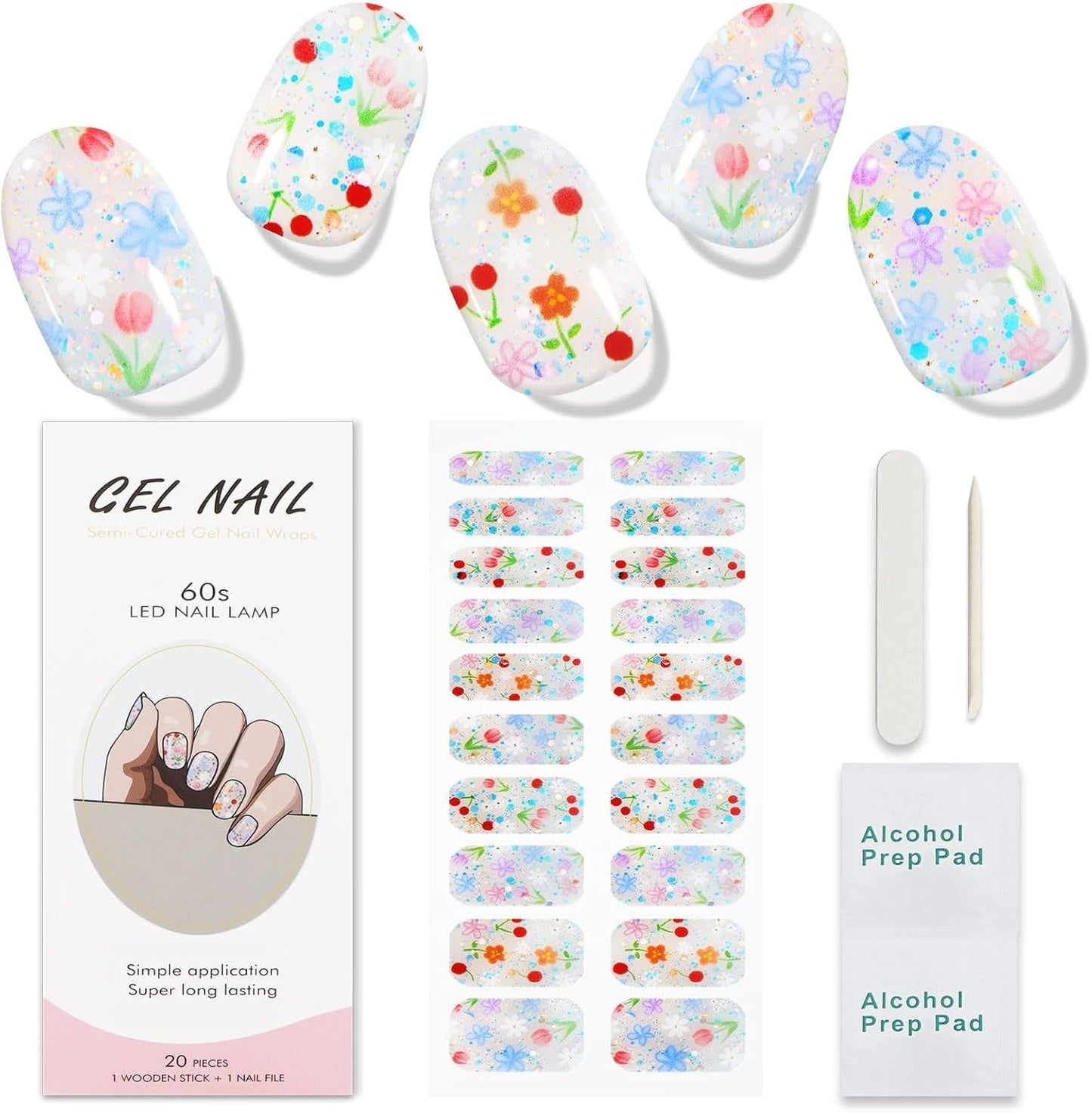 JMEOWIO Nagelfolie UV Hartend Bunter Blumenglitzer UV Gel Nail Strips Nagelsticker Nagelaufkleber Nail Art Decoratie Nageldesign Zubehör