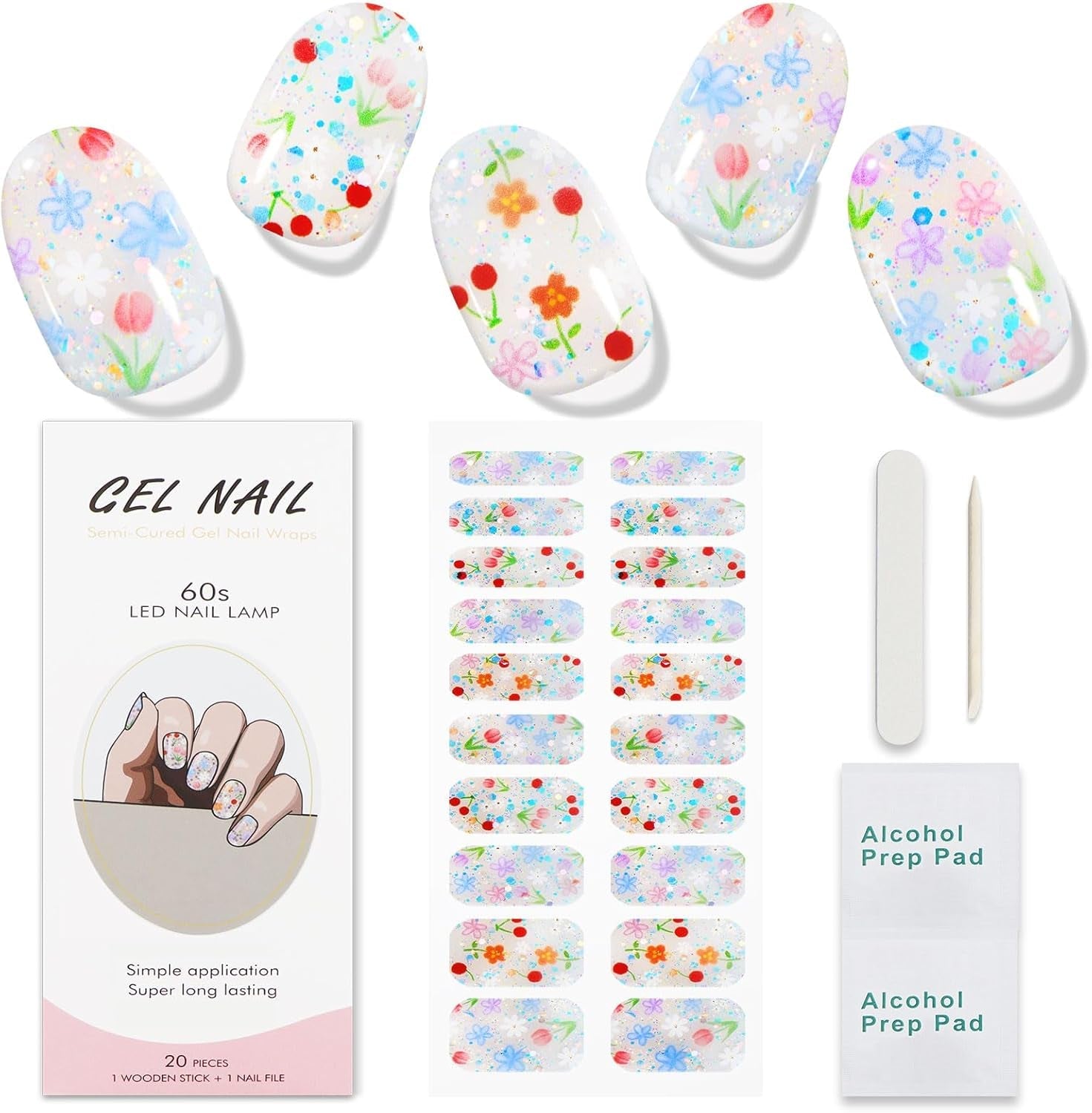 JMEOWIO Nagelfolie UV Hartend Bunter Blumenglitzer UV Gel Nail Strips Nagelsticker Nagelaufkleber Nail Art Decoratie Nageldesign Zubehör