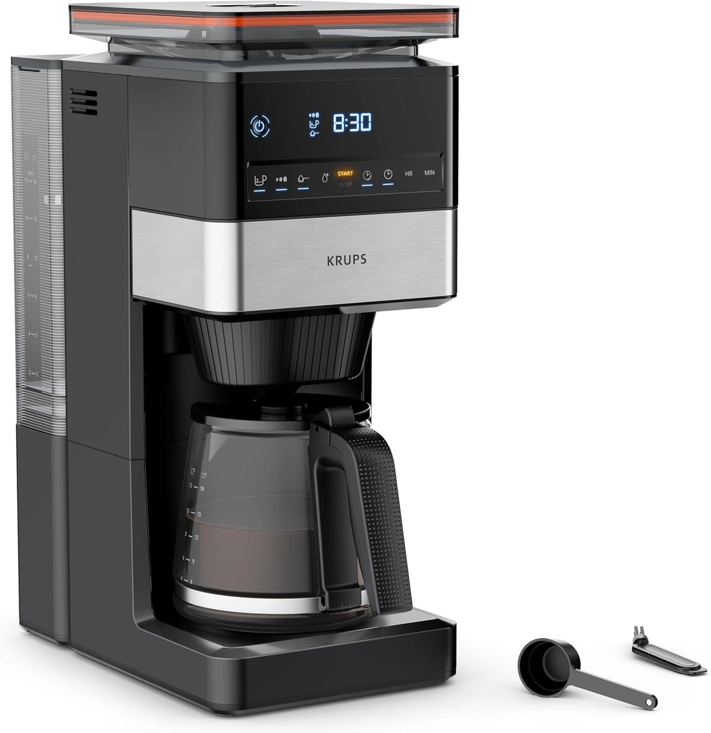 KRUPS Grind Aroma XL espressomachine, afneembare conische molen, digitaal bedieningspaneel, XL-capaciteit (1,5 l), warmhoudfunctie, glazen karaf, zwart/roestvrij staal, KM842810