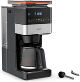KRUPS Grind Aroma XL espressomachine, afneembare conische molen, digitaal bedieningspaneel, XL-capaciteit (1,5 l), warmhoudfunctie, glazen karaf, zwart/roestvrij staal, KM842810