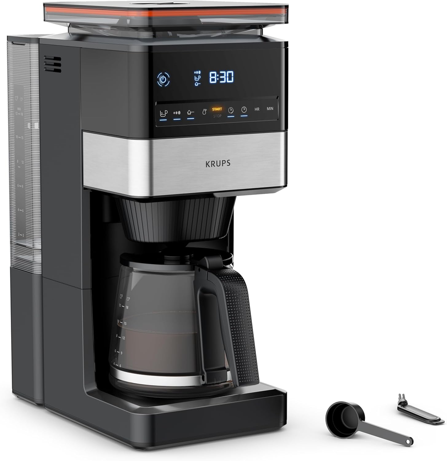 KRUPS Grind Aroma XL espressomachine, afneembare conische molen, digitaal bedieningspaneel, XL-capaciteit (1,5 l), warmhoudfunctie, glazen karaf, zwart/roestvrij staal, KM842810