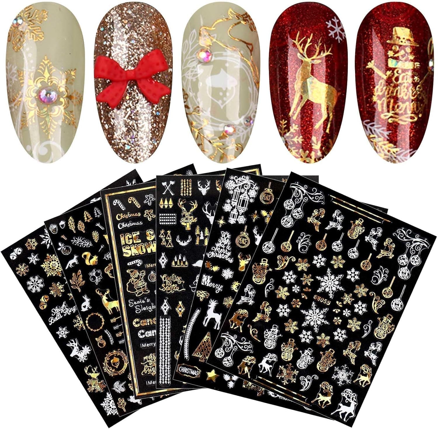 9 Blatt Nagelsticker Weihnachten Nagelaufkleber Selbstklebend Weiß Rentier Schneemann Nail Art Sticker Decoratie Nageldesign Zubehör