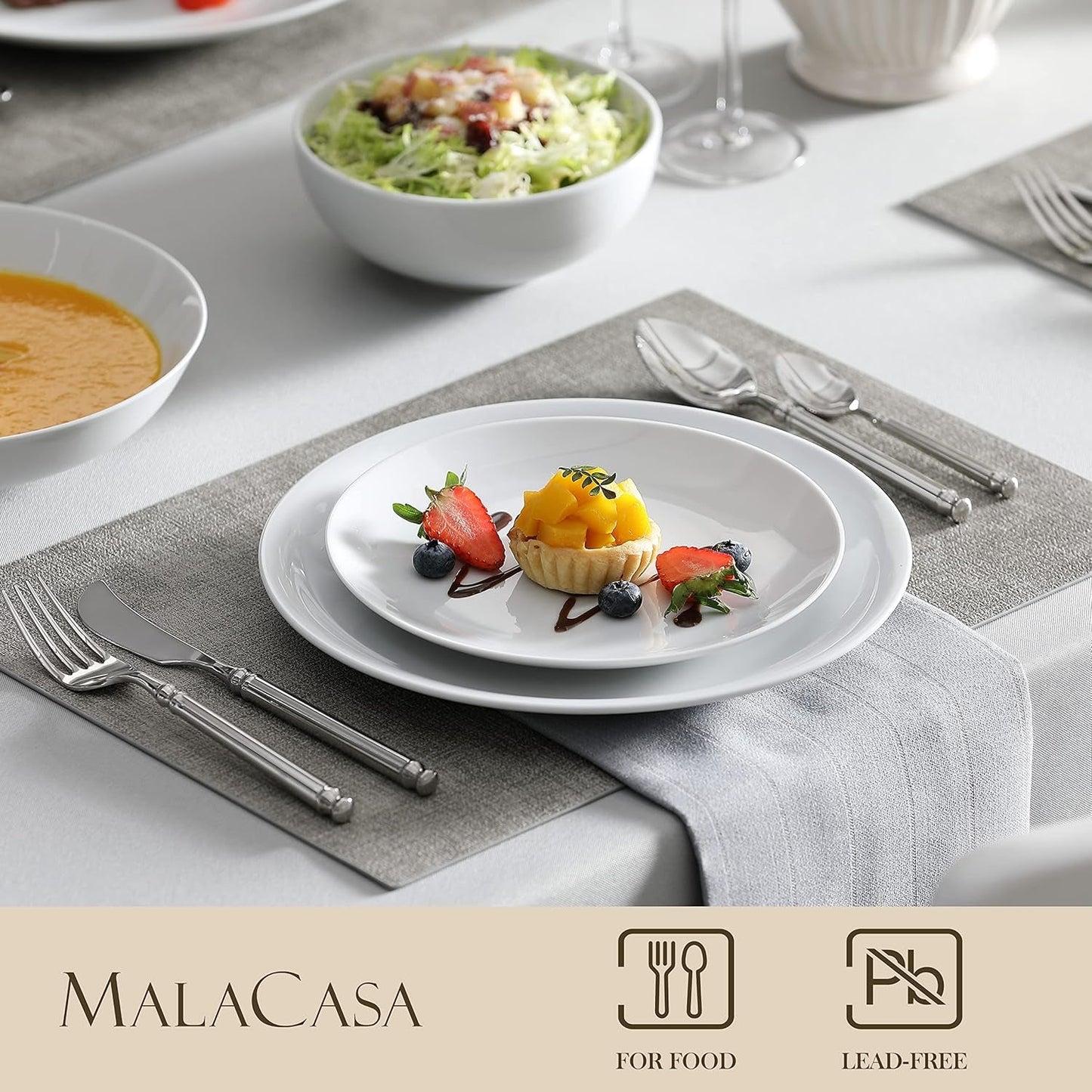 MALACASA 12-persoons serviesset, Amelia 48-delige moderne porseleinen serviesset, tafelservies met 12 dinerborden, dessertborden, Suma-borden en ontbijtgranenschalen, moderne 12-persoons serviesset - wit