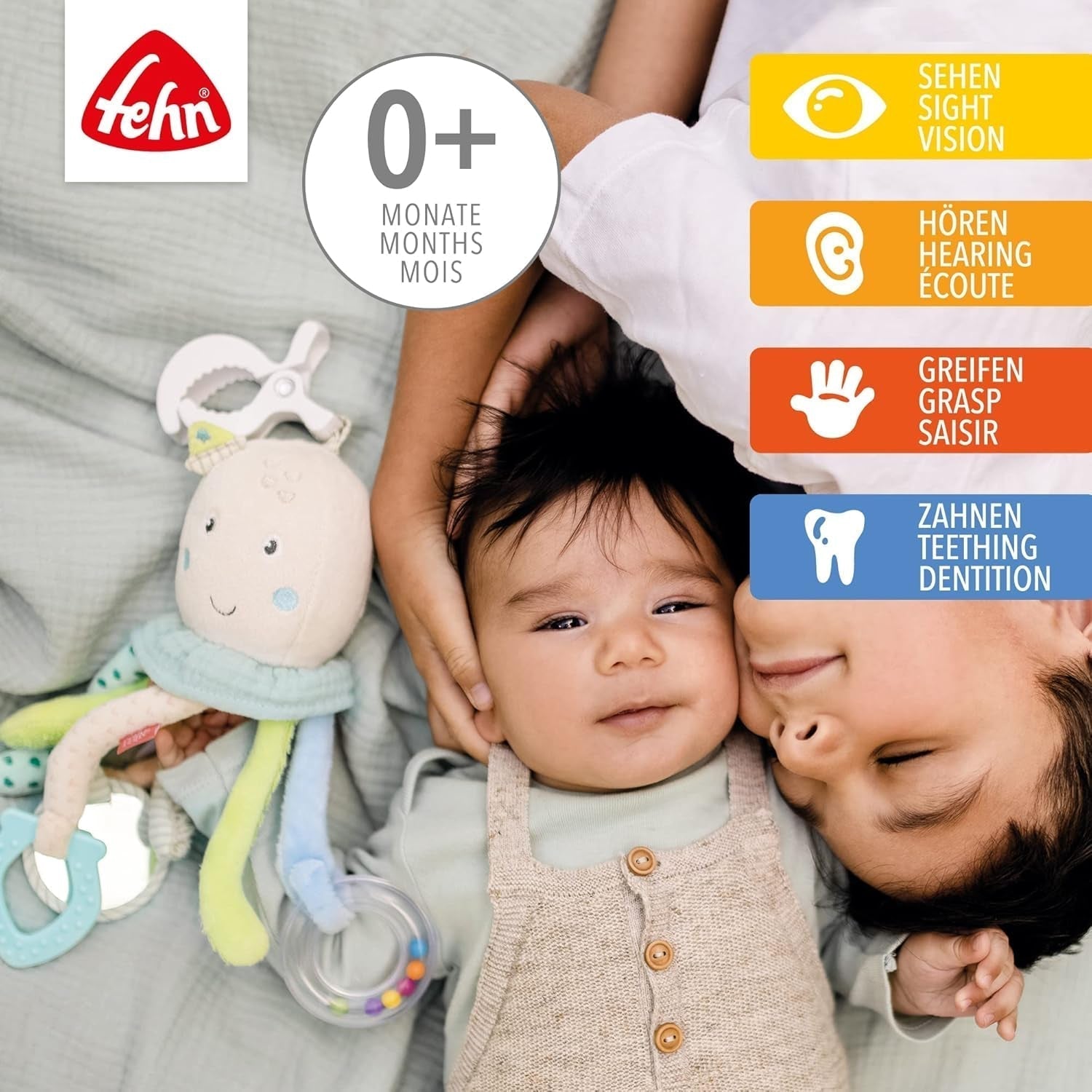 Fehn Octopus Activity Toy - Babymotoriek speelgoed voor kinderwagens en slimme starts, Oball, rammelaar met grijpballen om te wandelen, interactief babyspeelgoed Bebe Toys Naty Shop