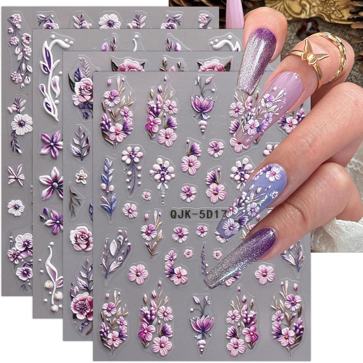 JMEOWIO 3D Nagelsticker Blumen Nail Art Sticker Selbstklebend Nagelaufkleber 5D Stereoskopisch Frühling Zomer Decoratie Nageldesign Zubehör 4 Blatt