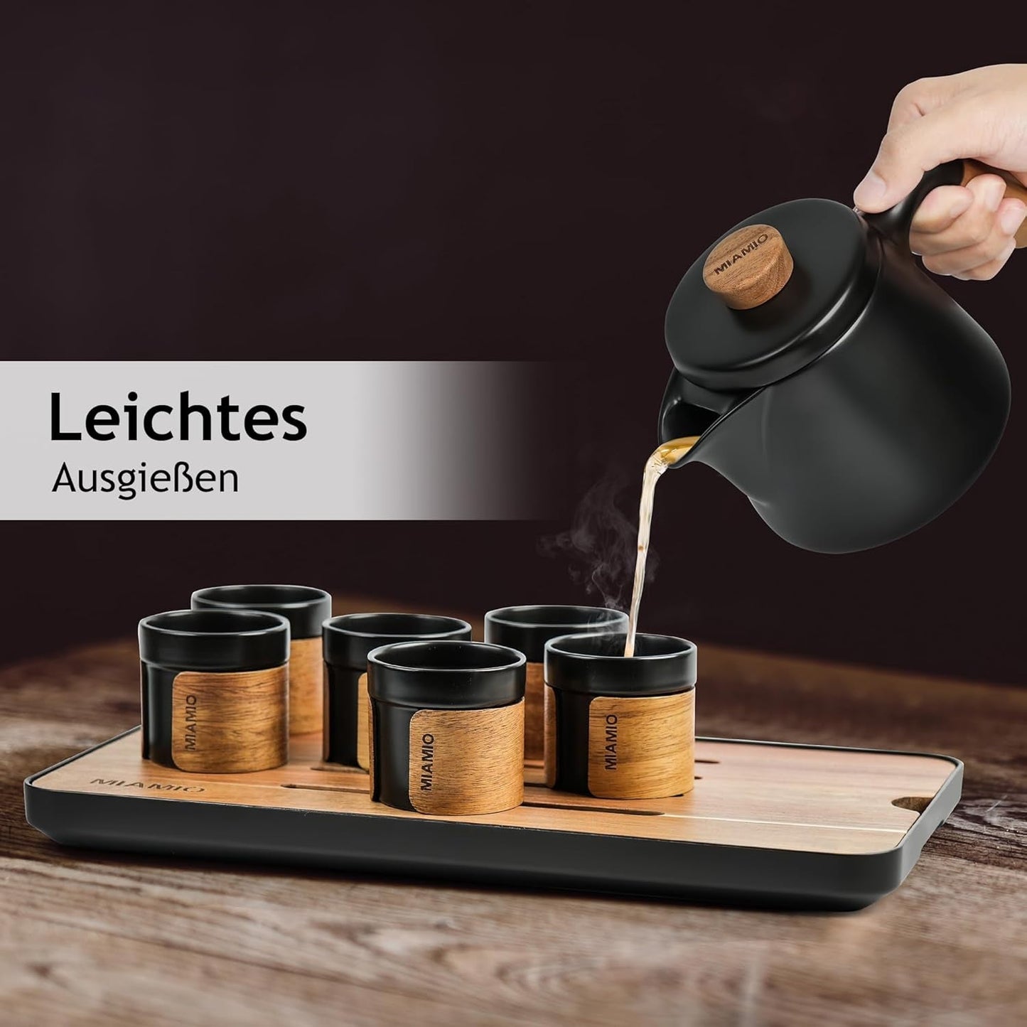MIAMIO - Japans/Chinees theeservies 6 x 100 ml / Aziatische theepot 620 ml met thee-ei, traditionele Japanse theepotset voor theeliefhebbers/mannen/vrouwen (zwart)