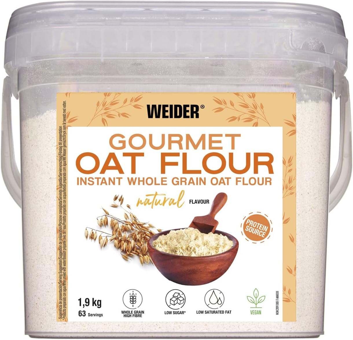 Weider Gourmet Havermout (1,9 kg) brownie smaak. Volkoren havermout. Eiwitbron met laag suikergehalte.