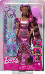 Barbie-pop Leuk stijlvol haar met extra lang kleurrijk zwart haar en sprankelend roze jurkje 10 kapsel- en mode-accessoires JDC86