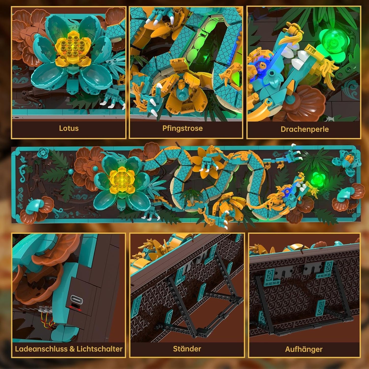 Mythische Dragon Tile-bouwset voor volwassenen, 3D Divine Loong Art-bouwspeelgoed met LED-verlichting en bloemen, DIY Dragon Relief-modelset, creatieve geschenken en decoraties (1676 stuks)
