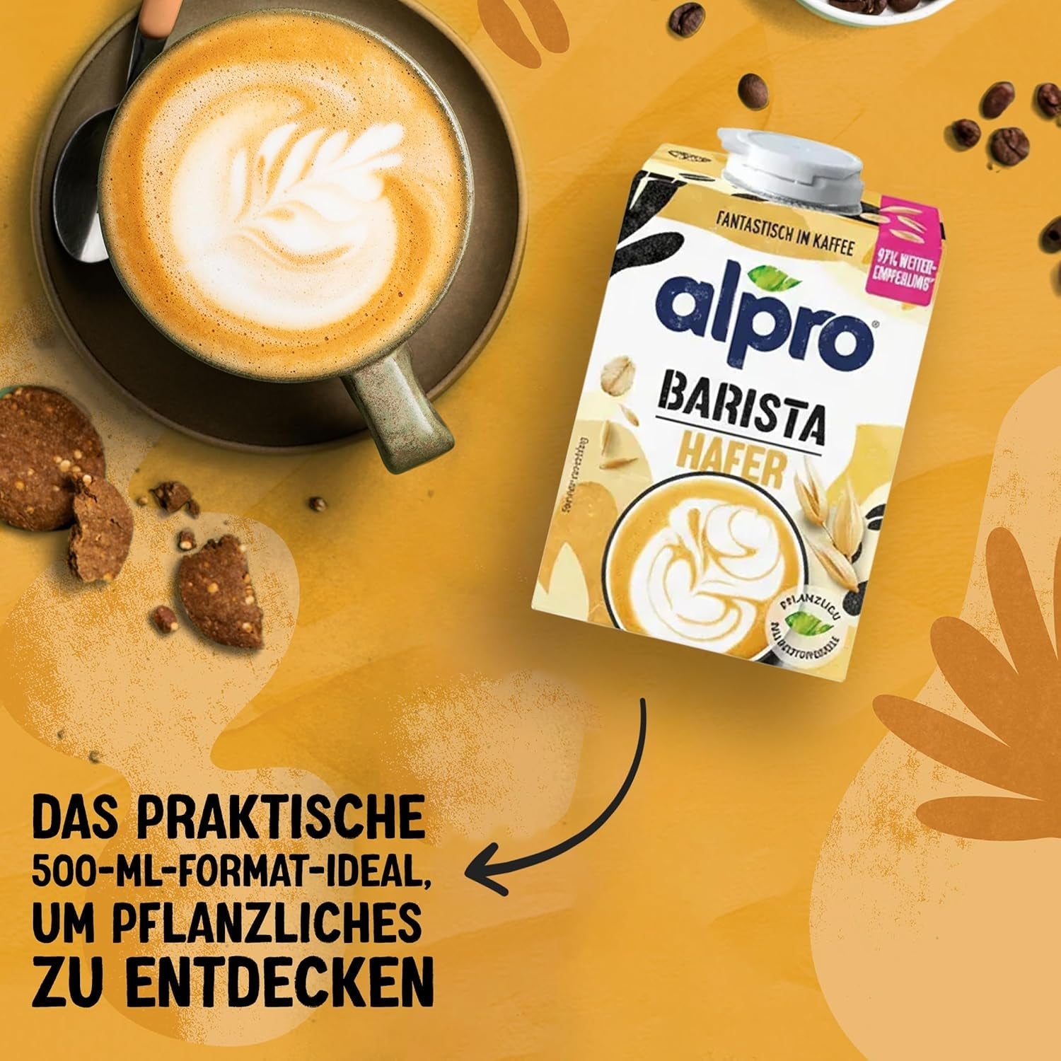 Alpro Barista Haferdrink – Zum Aufschäumen – Vegan en melkvrij – Van Natur aus lactosevrij – Rijk aan ballaststoffen, calcium en vitamines – 8 x 1 L – Haltbar