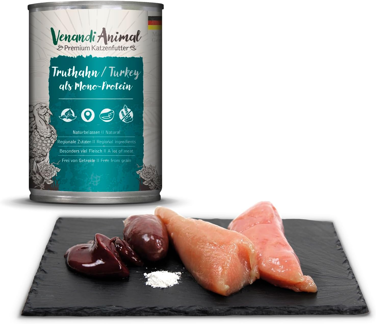 Venandi Animal Premium Nassfutter für Katzen, Probierpaket II, Kip + Konijn, Kalb, Kalkoen, 6 x 400 g, getreidefrei en natuurbelassen, 2,4 kg