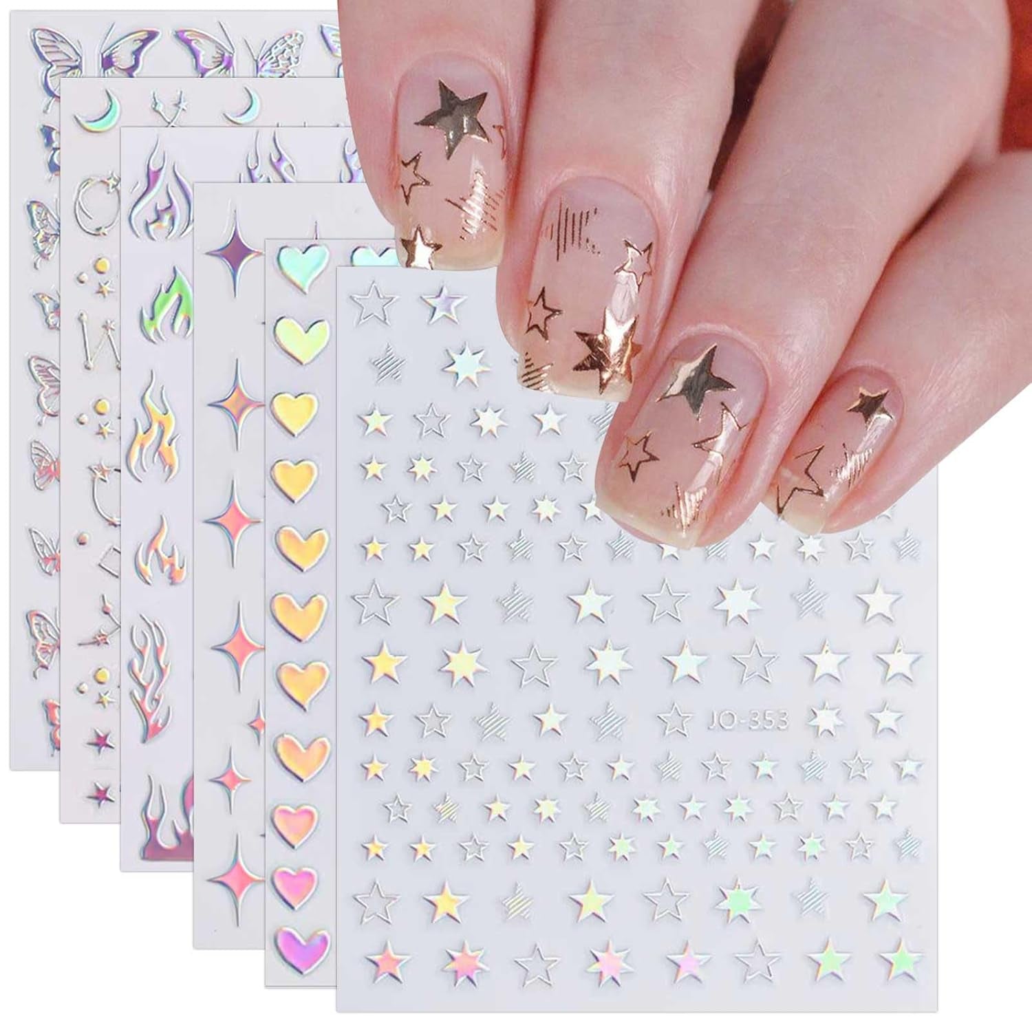 JMEOWIO Nagelsticker Aurora Holografisch 9 Blatt Nagelaufkleber Selbstklebend Herz-Flamme Spielt Schmetterlings-Mond Die Hauptrolle Nail Art Sticker Decoratie Nageldesign Zubehör