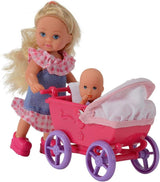 Simba 105736241 Evi Love Walk-pop 2 assorti Evi-pop met babypop met poppenwagen inclusief accessoires Modepop 12 cm voor kinderen vanaf 3 jaar