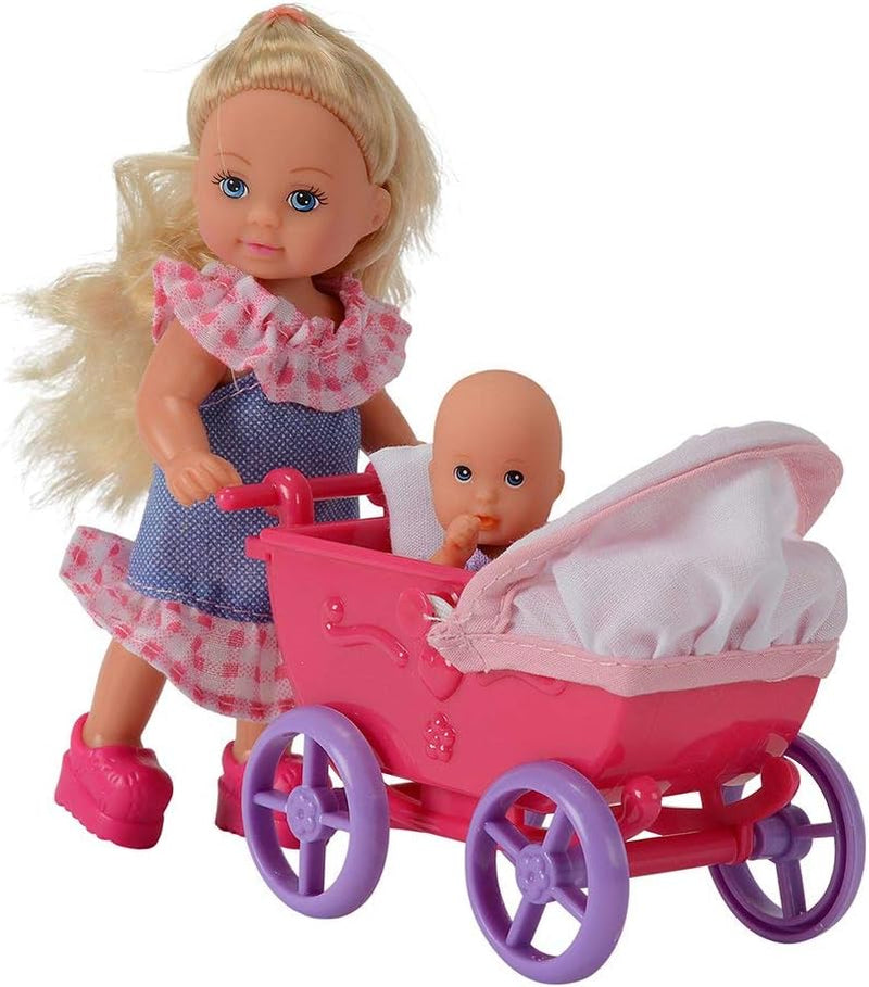 Simba 105736241 Evi Love Walk-pop 2 assorti Evi-pop met babypop met poppenwagen inclusief accessoires Modepop 12 cm voor kinderen vanaf 3 jaar