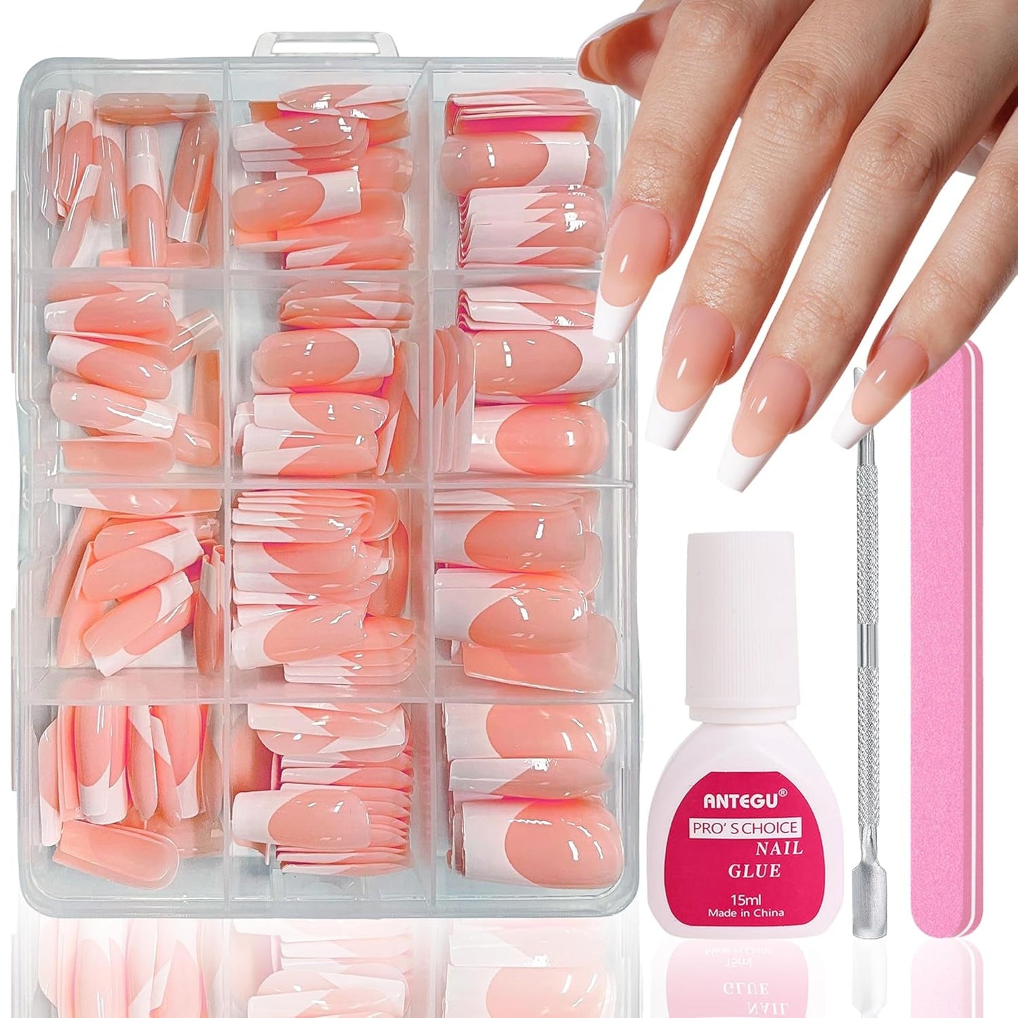 Kunstnagels set - 240 stuks korte vierkante nagels zacht gelmodel naakt wit gradiënt nep natuurlijke lijm op nepnagels voor vrouwen DIY (naakt gradiënt, 240X)