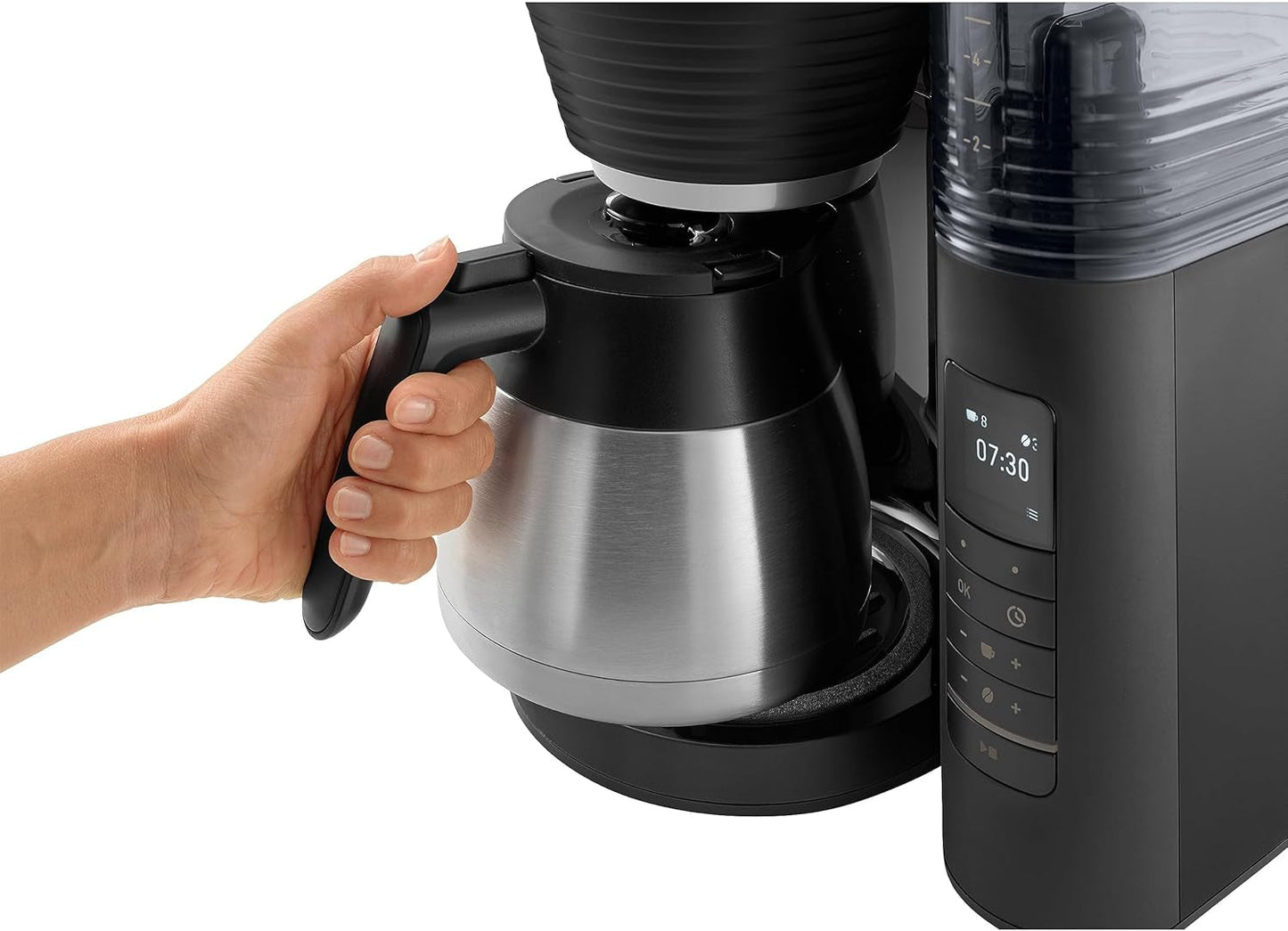 Melitta AromaFresh Therm Pro X - Espressomachine met filter, geïntegreerde molen, afneembaar waterreservoir, roestvrijstalen thermische karaf en timerfunctie, voor maximaal 8 koppen koffie, zwart/zilver