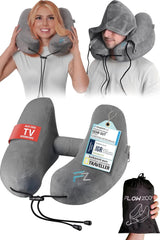FLOWZOOM AIR Opblaasbaar nekkussen met capuchon - Vliegtuignekkussen - Reiskussen - Snel opblaasbaar reisnekkussen - Vliegtuigkussen - Reiskussen - Nekkussen voor volwassenen (grijs) Naty Shop Cervicale orthopedische kussens 1) Grijs - Maat L