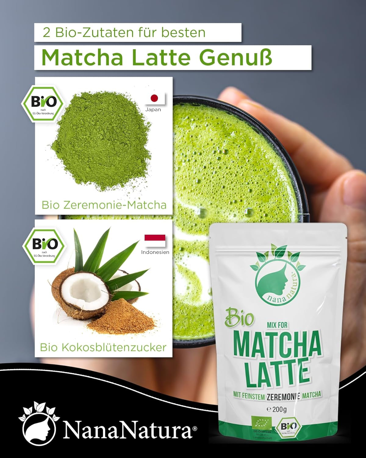 Nananatura'S Bio Matcha Latte Mix met 22% groene theepoeder van ceremoniële kwaliteit uit Japan | Voor eenvoudig en lekker genieten van thee | Ook geschikt voor ijs en gebak