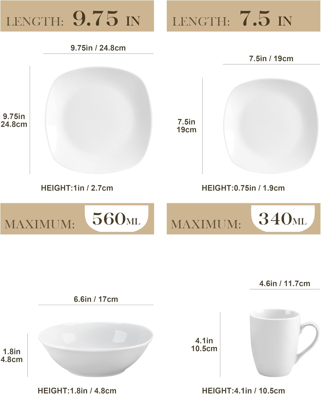 MALACASA Serviesset voor 4 personen, 16-delig wit porseleinen servies, moderne serviesset met 4 dinerborden, dessertborden, Suma-borden en kopjes, ELISA-serie