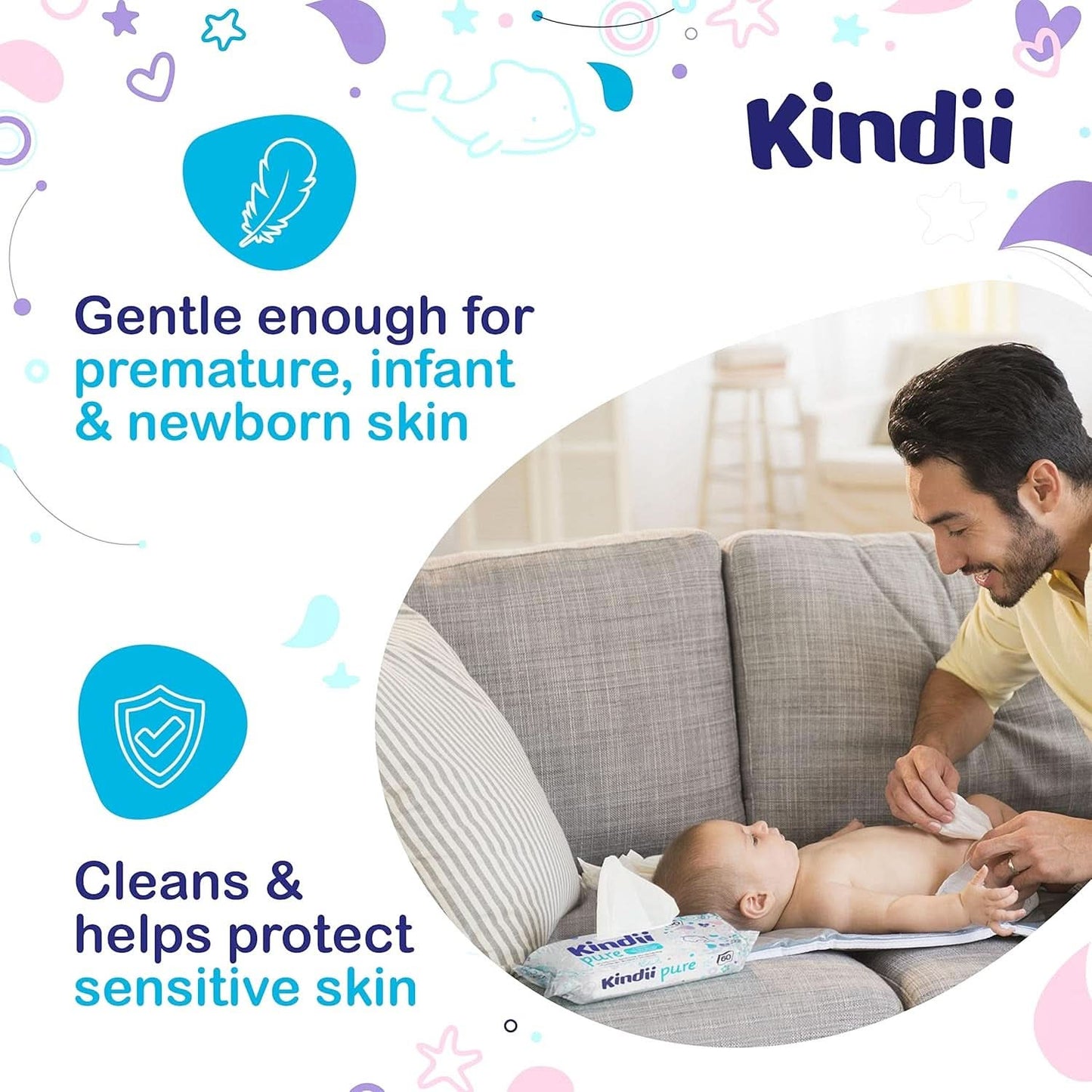 Kindii Feuchttücher Für Babies en Kinder Zuiver Water 99% - 99%Ige Zusammenzeit Auf Wasserbasis - Allantoïne - Unparfümiert - Dermatologisch Getestet - Für Empfindliche Haut - 720 Stück - 12X60 Stück Naty Shop
