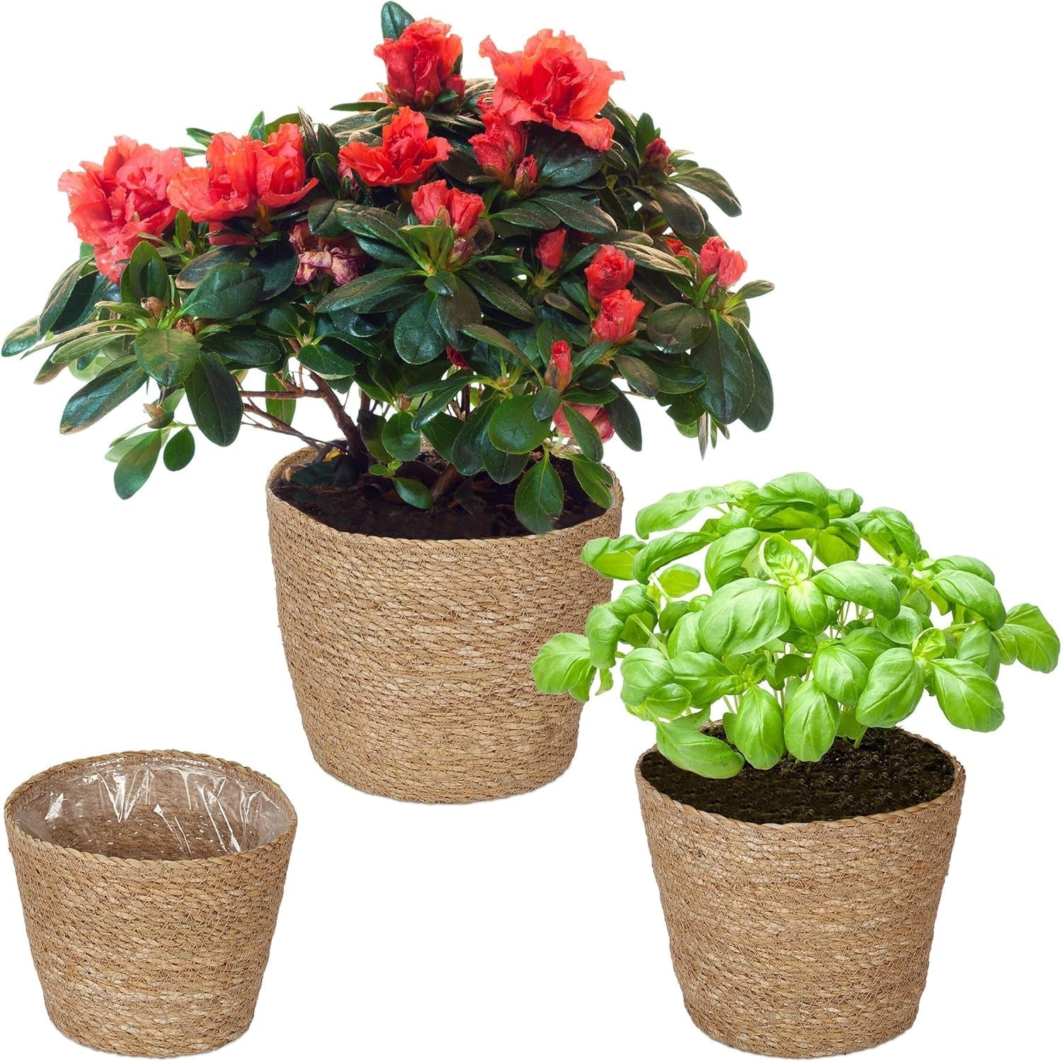 Relaxdays bloempotten van zeegras set van 3 ronde bloemen- en kruidenmand met folie 3 maten plantenbak naturel