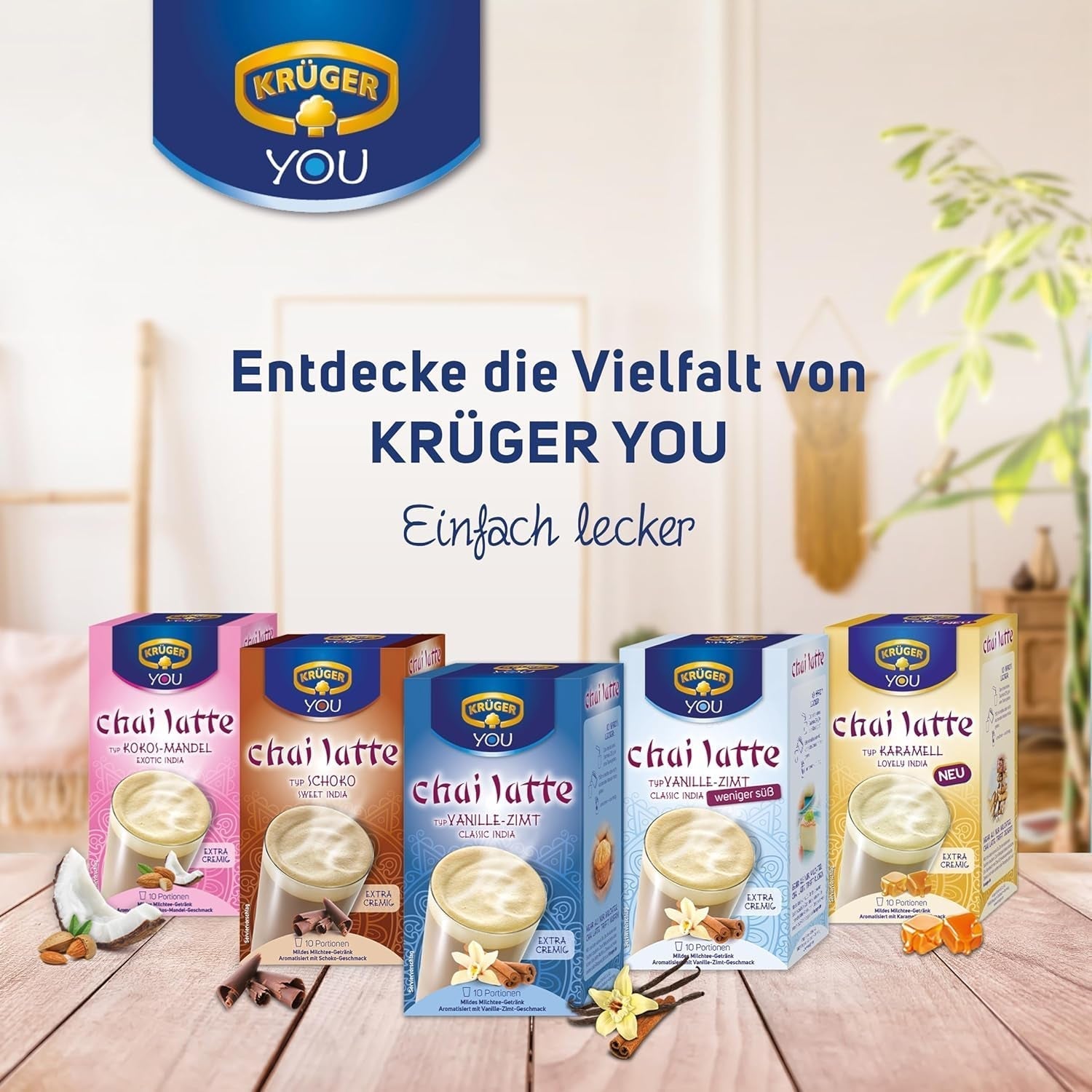 KRÜGER YOU Chai Latte Vanille Kaneel, instantbereiding voor melkdranken, op smaak gebracht met vanille en kaneel, 250 g (10 zakjes van 25 g)