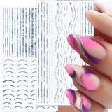 12 vellen Laserglitterlijnen Zelfklevende nagelstickers Holografische stickers Bronzen strepen Nagelstickers Franse lijn Gebogen strikken Golvende lijnen Nagelstickers Nagelkunstaccessoires