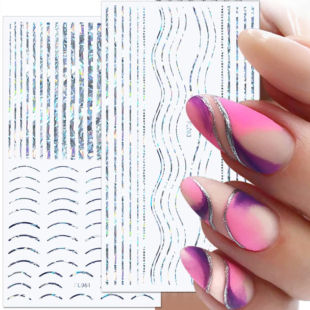 12 vellen Laserglitterlijnen Zelfklevende nagelstickers Holografische stickers Bronzen strepen Nagelstickers Franse lijn Gebogen strikken Golvende lijnen Nagelstickers Nagelkunstaccessoires